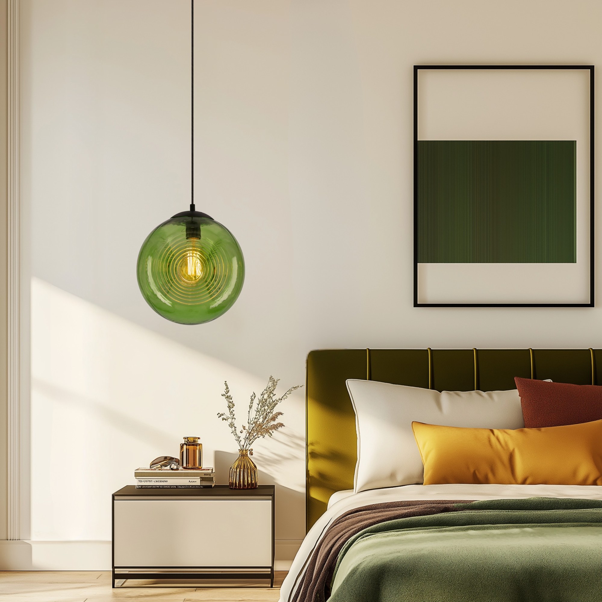 Suspension globe en verre à anneaux, vert, orange ou bronze, E27 suspension globe verre à anneaux version verte dans une chambre près d un lit