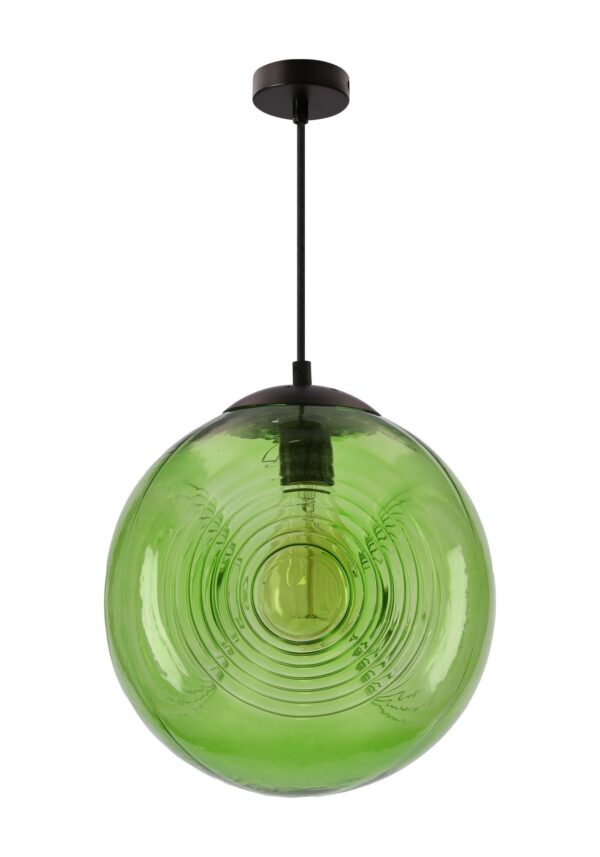 suspension globe verre à anneaux version verte sur fond blanc