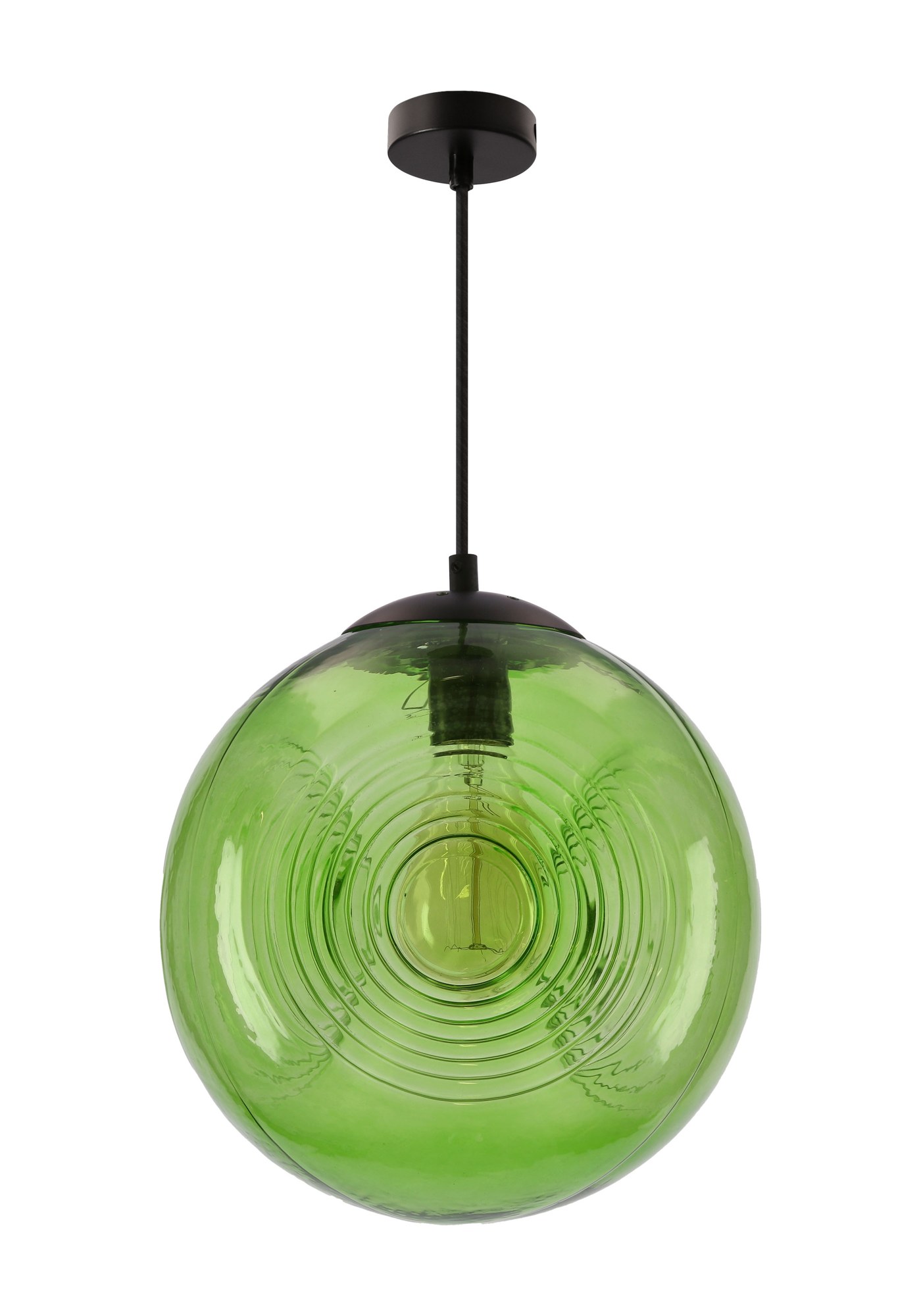 Suspension globe en verre à anneaux, vert, orange ou bronze, E27 suspension globe verre à anneaux version verte sur fond blanc