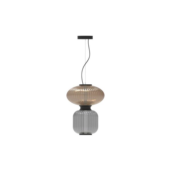 suspension Goldenberry Mix avec disque en verre ambre et globe gris fumé, câble textile, vue de face