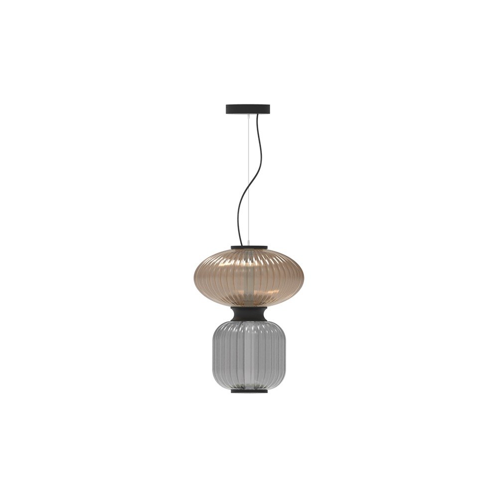 suspension Goldenberry Mix avec disque en verre ambre et globe gris fumé, câble textile, vue de face