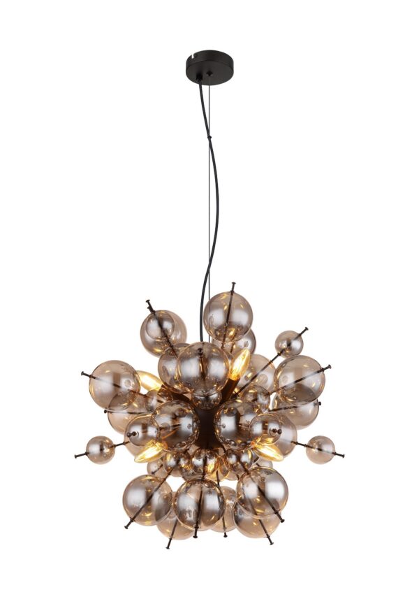 Lampe en verre : luminaires en verre soufflé, opalin et fumé suspension grappe de boules de verre, version ronde 6 lumières fumé sur fond blanc