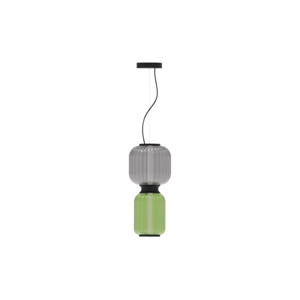 suspension Greenberry Mix avec globe gris fumé et globe vert en verre soufflé, câble textile, vue de face