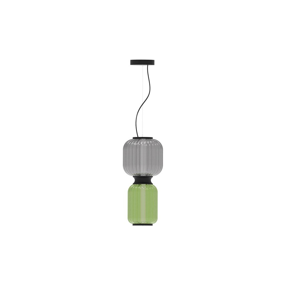 suspension Greenberry Mix avec globe gris fumé et globe vert en verre soufflé, câble textile, vue de face