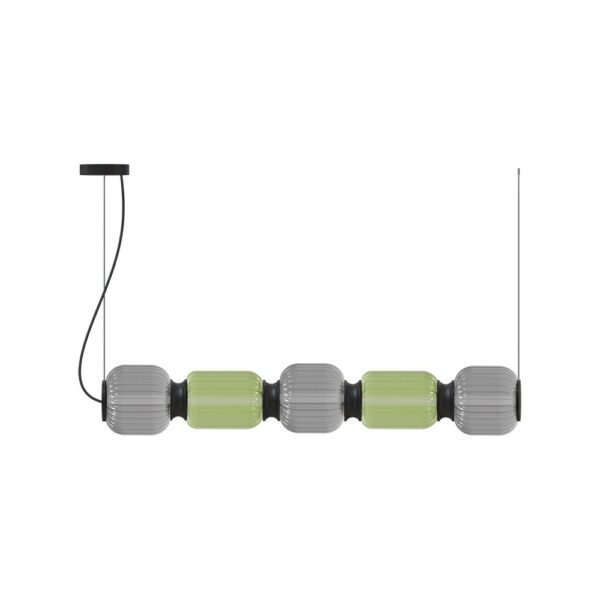 suspension Greenberry Quinted avec cinq globes alternés gris fumé et vert, vue de face