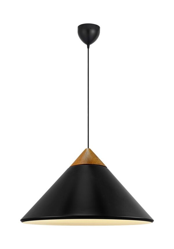 suspension Kinto noire en cône avec sommet en bois sur fond blanc
