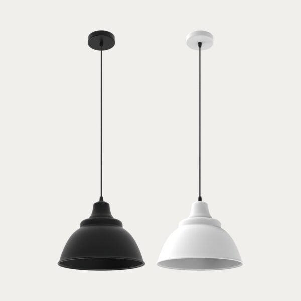 suspension Kira en deux finitions noir mat et blanc mat sur fond beige