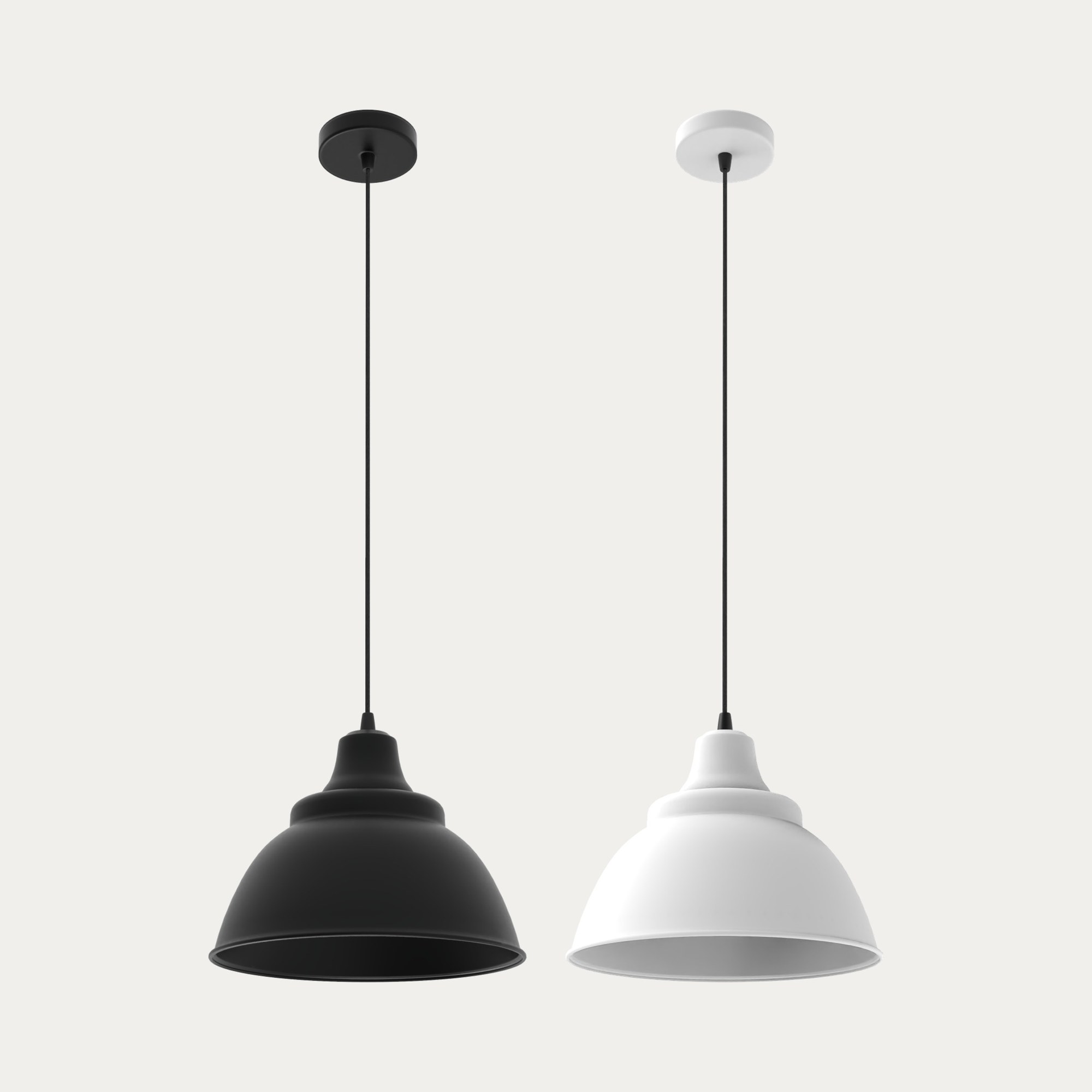 suspension Kira en deux finitions noir mat et blanc mat sur fond beige