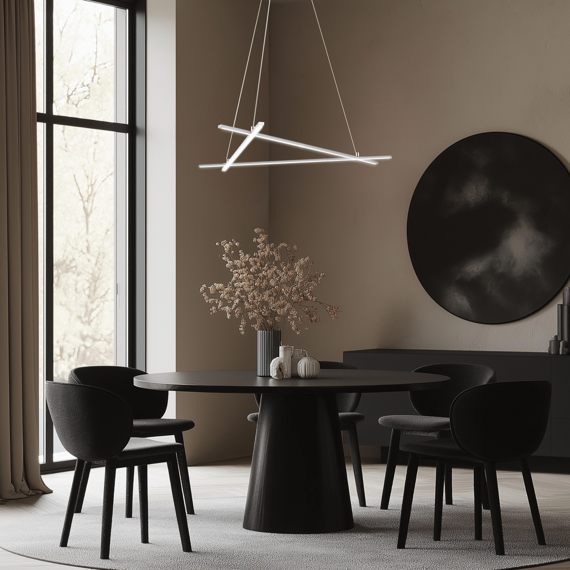 Suspension LED barres croisées, finition chromée, 3 tailles au choix suspension LED barres croisées 70 x 62 cm au dessus d une table a manger