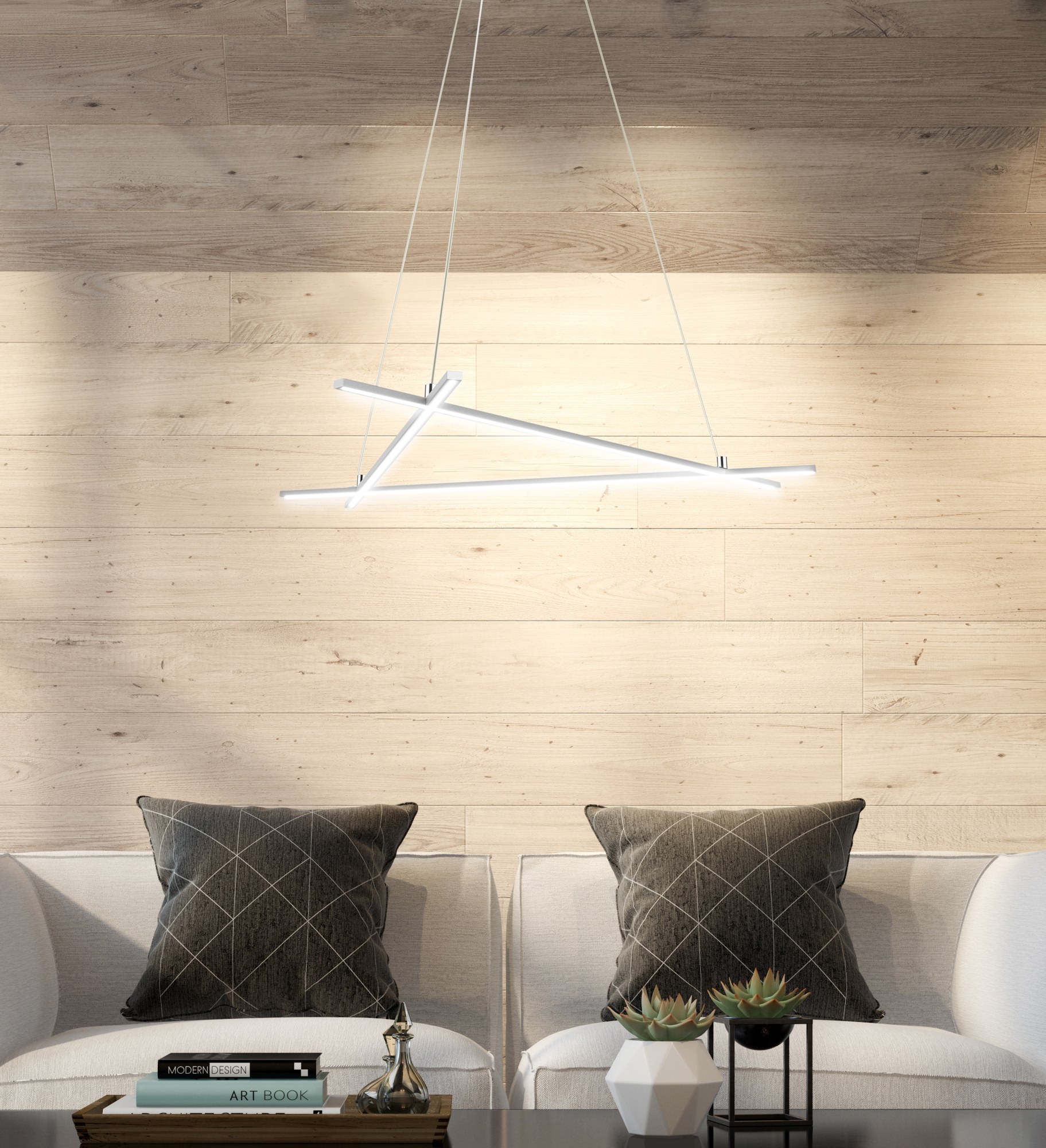 Suspension LED barres croisées, finition chromée, 3 tailles au choix suspension LED barres croisées 70 x 62 cm devant un mur en bois