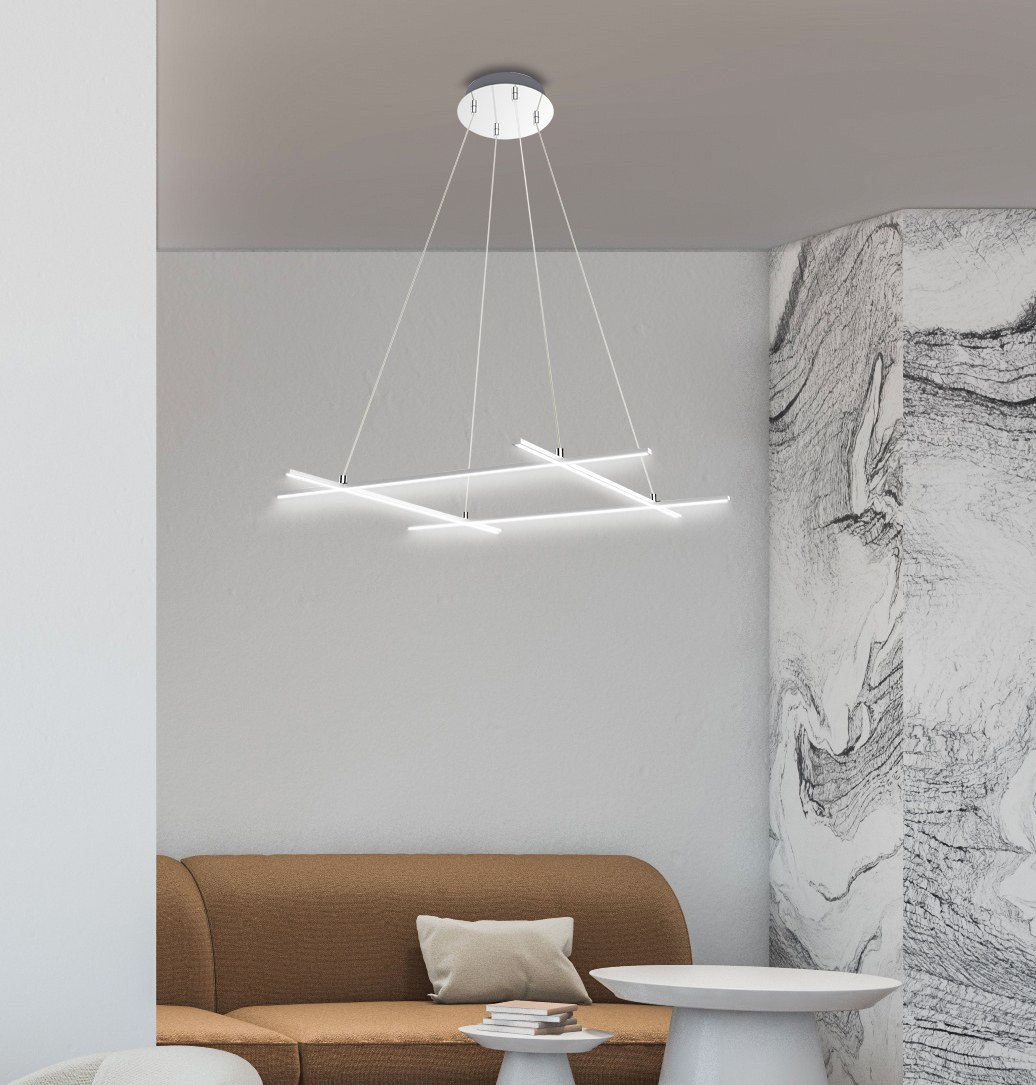 Suspension LED barres croisées, finition chromée, 3 tailles au choix suspension LED barres croisées 70 x 70 cm dans un salon clair