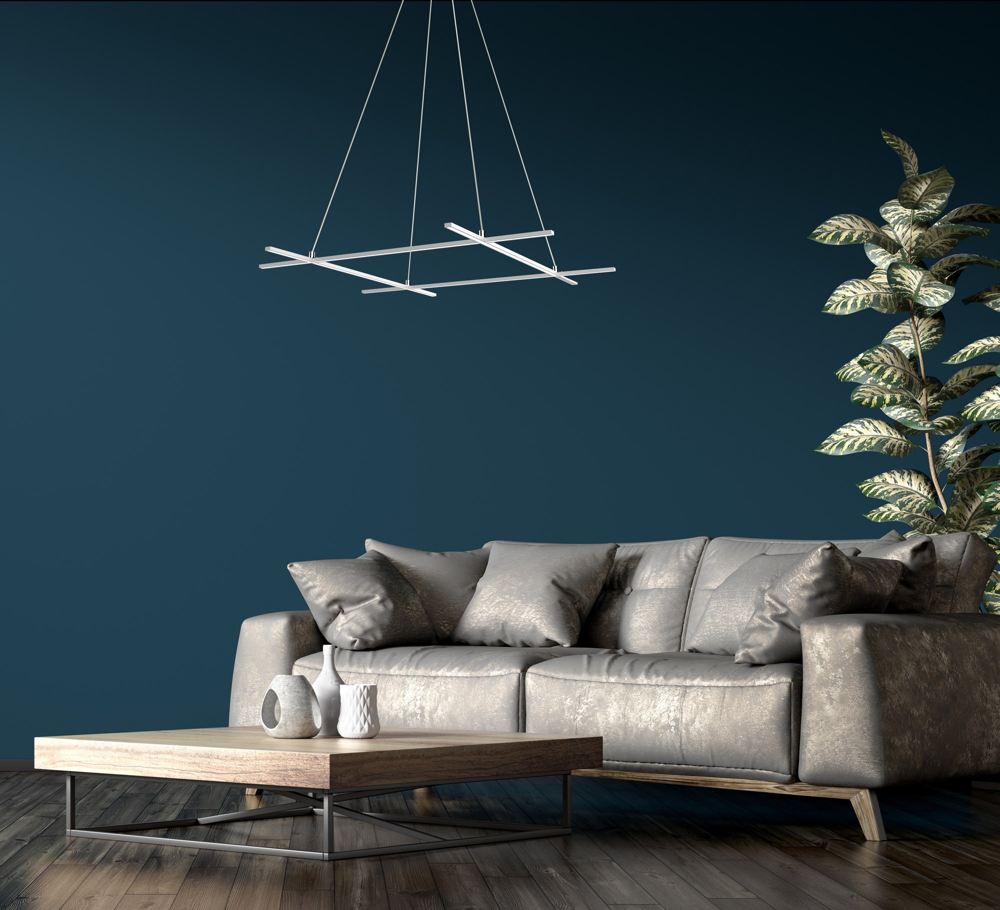 Suspension LED barres croisées, finition chromée, 3 tailles au choix suspension LED barres croisées 70 x 70 cm devant un mur bleu canard