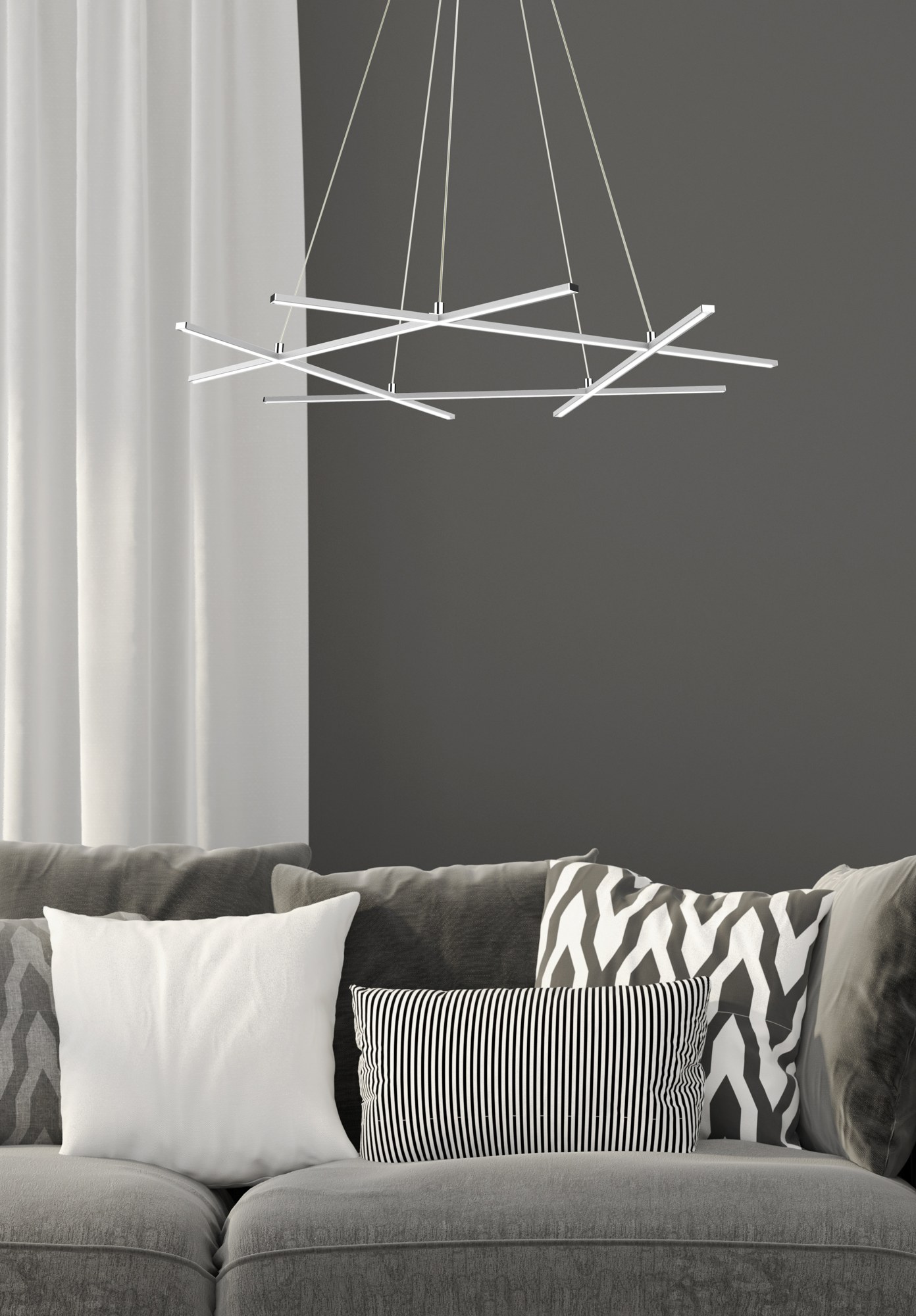 Suspension LED barres croisées, finition chromée, 3 tailles au choix suspension LED barres croisées 82 x 78 cm au dessus d un canape gris