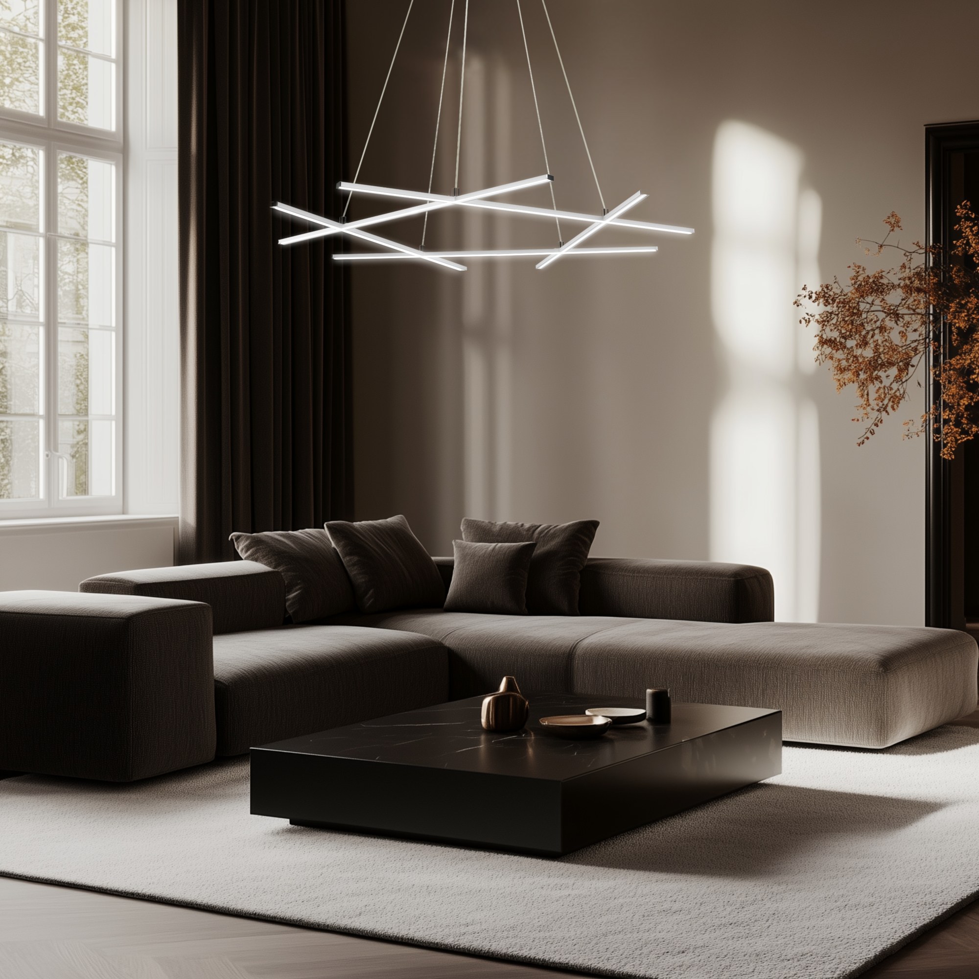 Suspension LED barres croisées, finition chromée, 3 tailles au choix suspension LED barres croisées 82 x 78 cm dans un grand salon