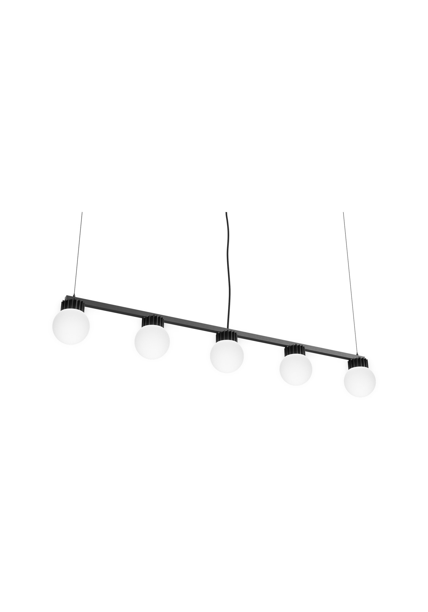 Suspension LED BuzziSol par BuzziSpace, Solo, Trio ou Quintet suspension LED BuzziSol Quintet, cinq globes en verre dépoli sur une barre noire, fond blanc
