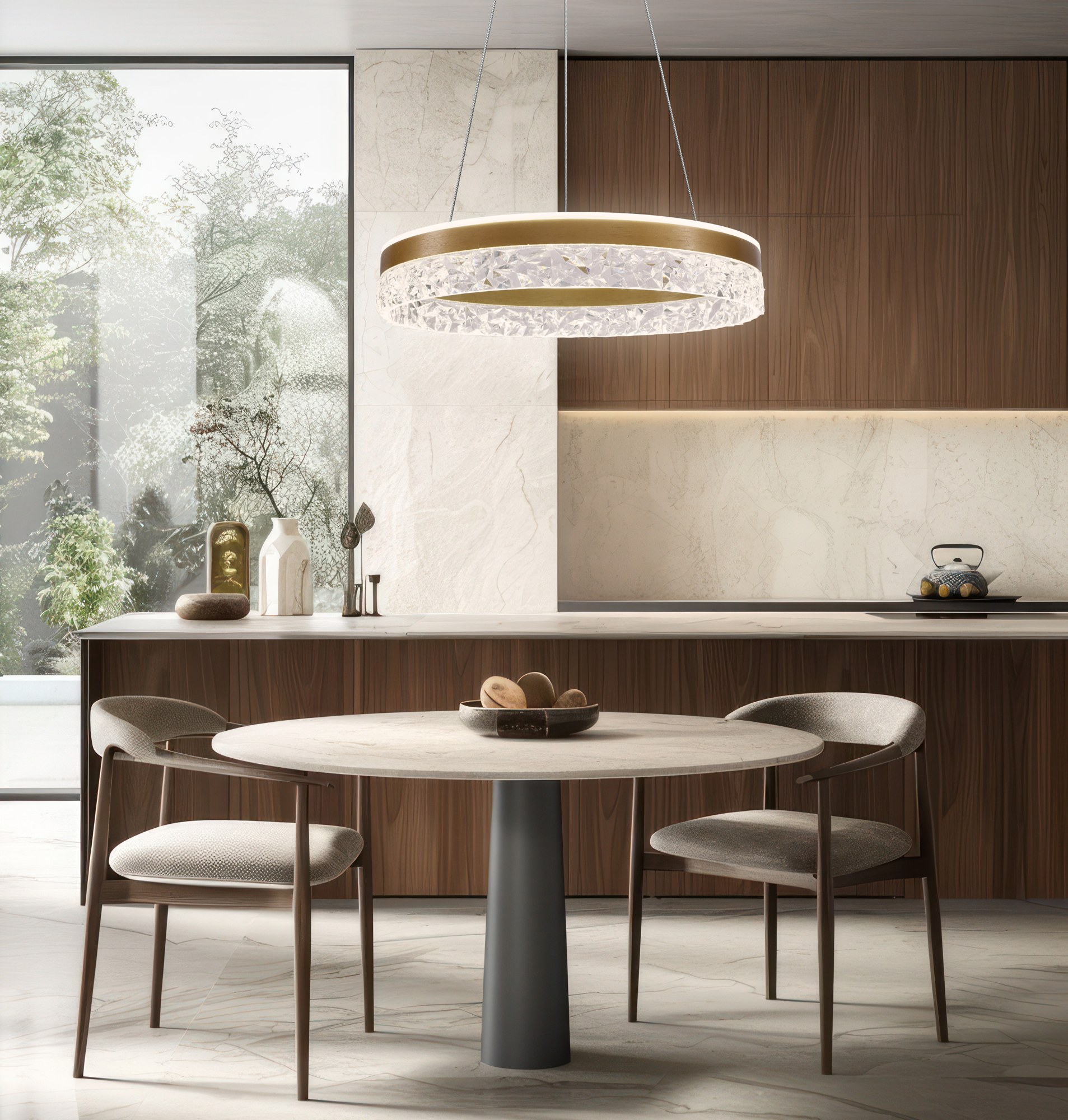 Suspension LED effet cristal en anneau, dorée ou noire, 50 ou 60 cm suspension LED effet cristal doree au dessus d une table ronde