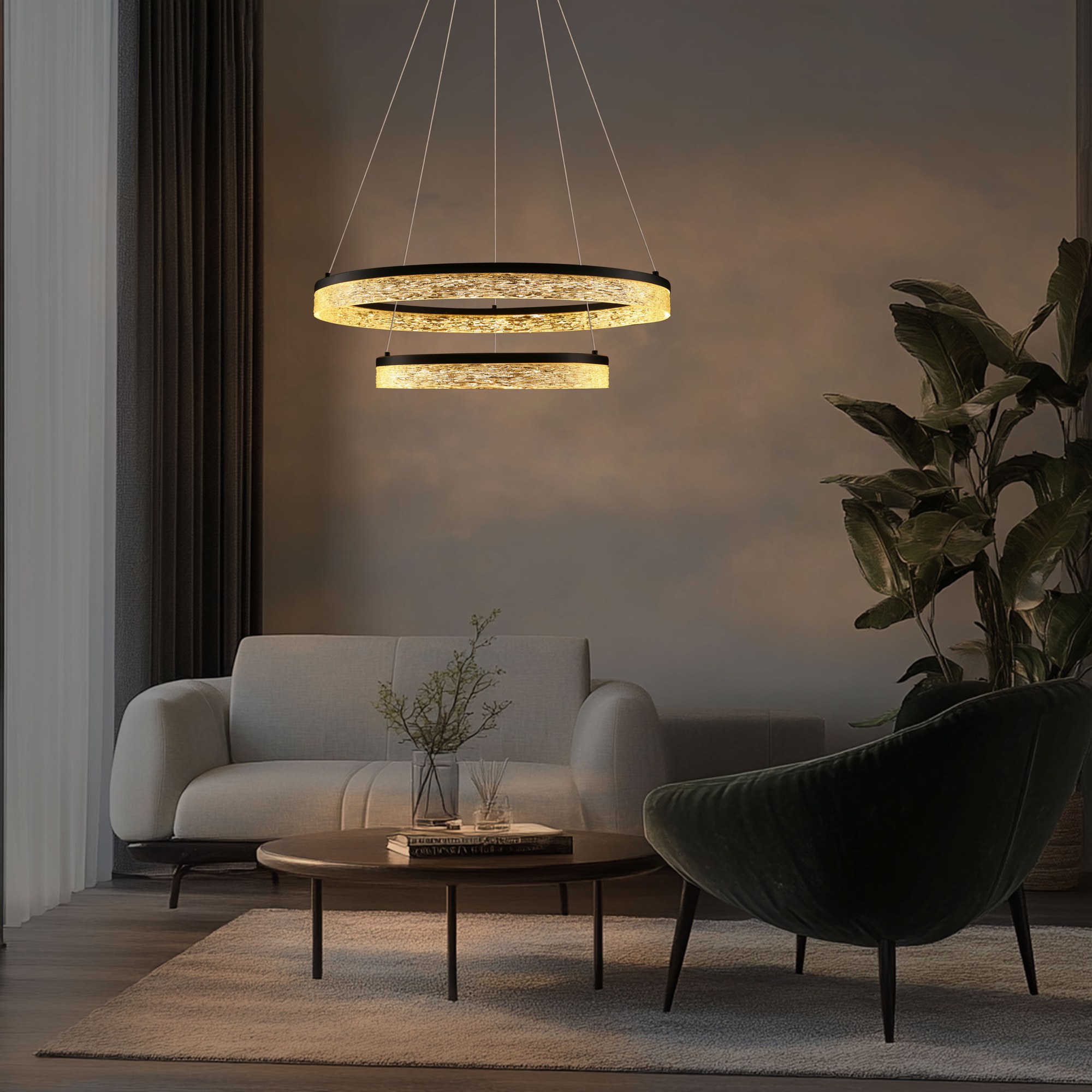Suspension LED effet cristal en anneau, dorée ou noire, 50 ou 60 cm suspension LED effet cristal noire a deux anneaux allumee
