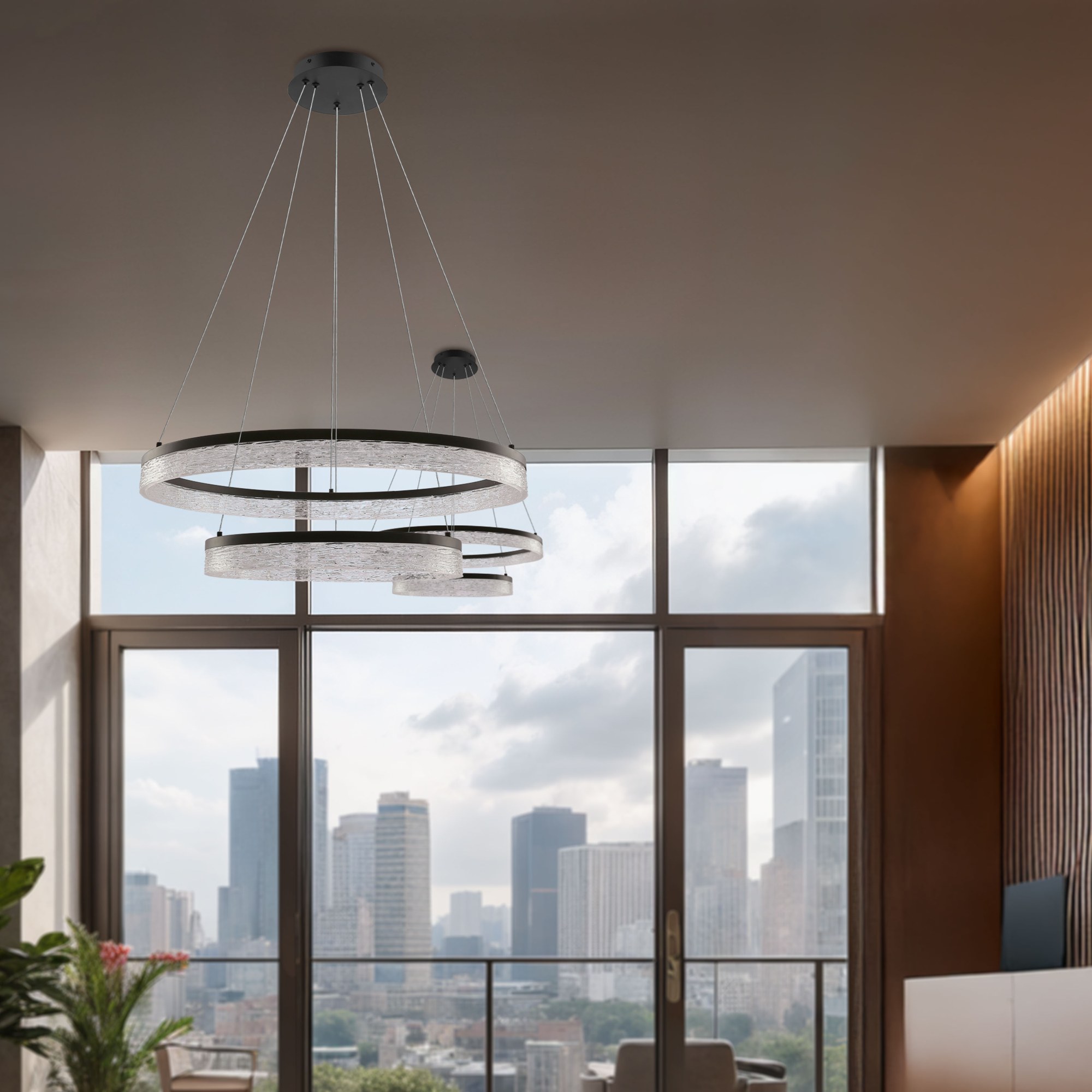 Suspension LED effet cristal en anneau, dorée ou noire, 50 ou 60 cm suspension LED effet cristal noire a deux anneaux dans un salon