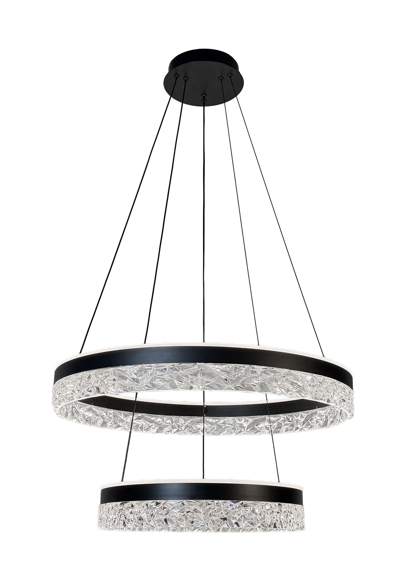 Suspension LED effet cristal en anneau, dorée ou noire, 50 ou 60 cm suspension LED effet cristal noire a deux anneaux sur fond blanc