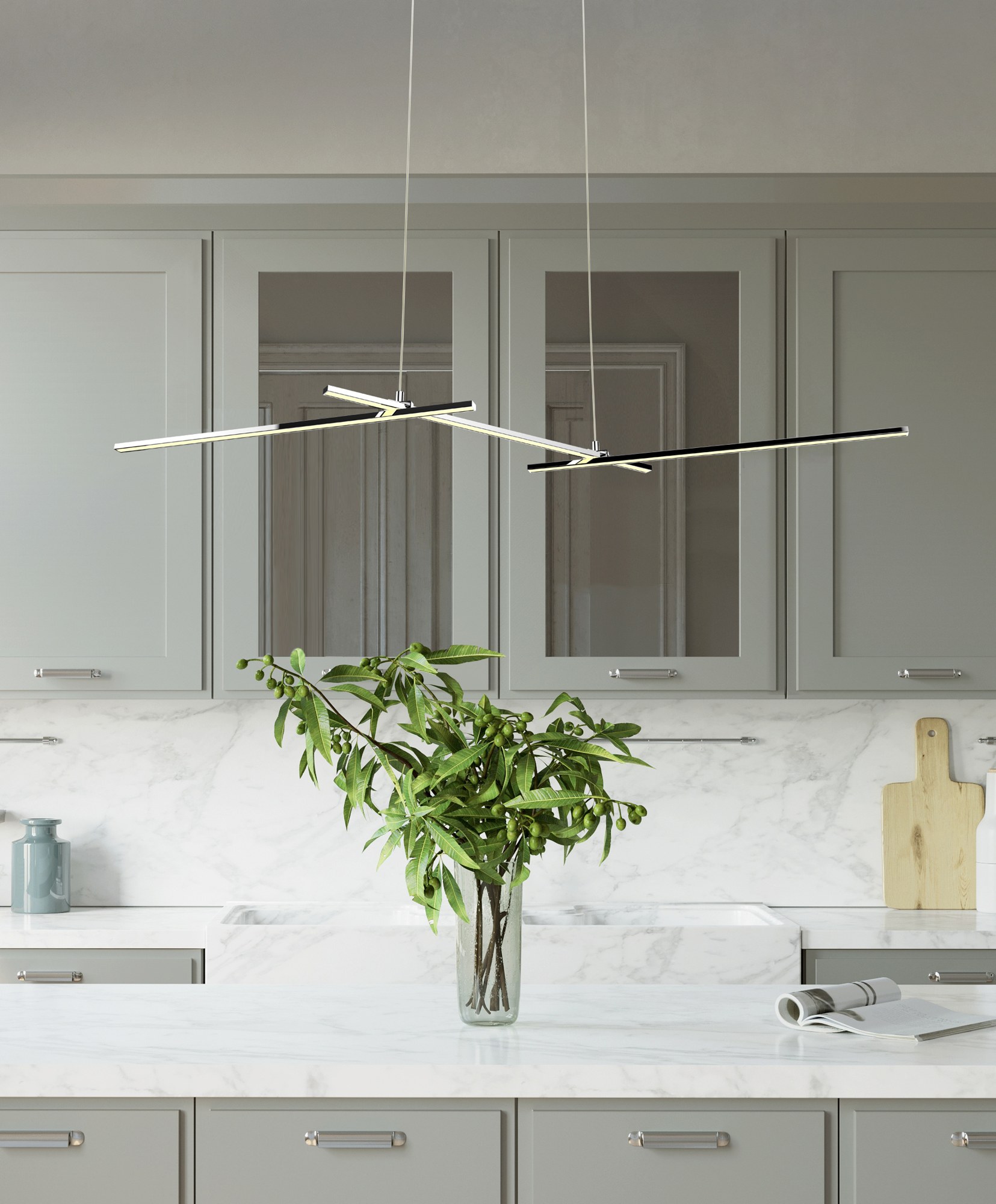 Suspension LED linéaire à deux barres, noir et chrome, 103 cm suspension LED linéaire au dessus d un ilot de cuisine gris vert