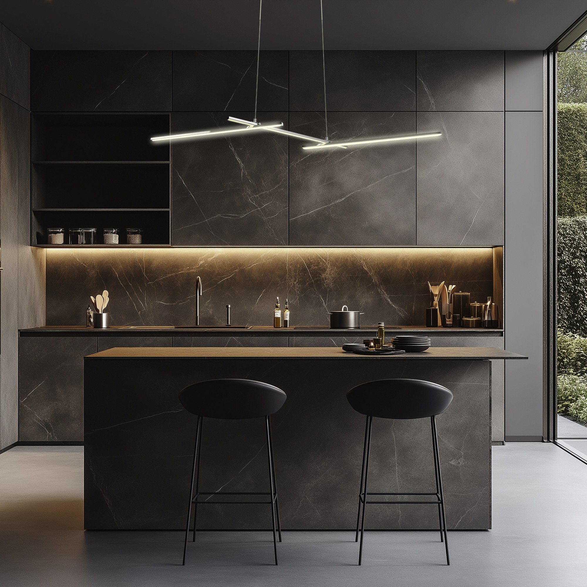 Suspension LED linéaire à deux barres, noir et chrome, 103 cm suspension LED linéaire au dessus d un ilot de cuisine