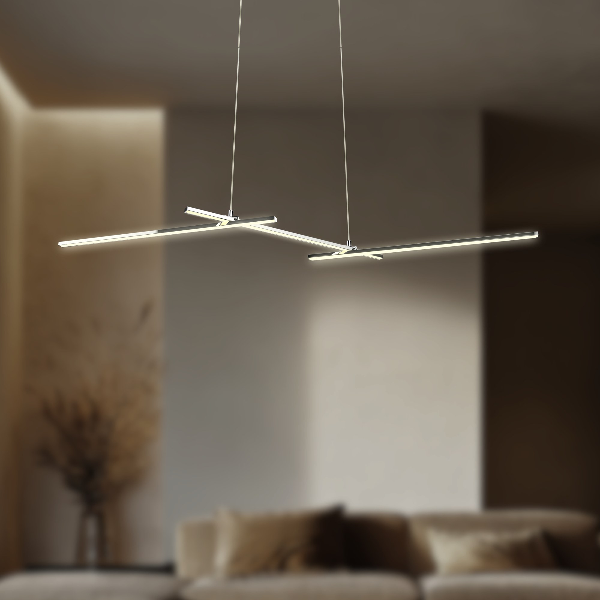 Suspension LED linéaire à deux barres, noir et chrome, 103 cm suspension LED linéaire dans un salon aux tons chauds