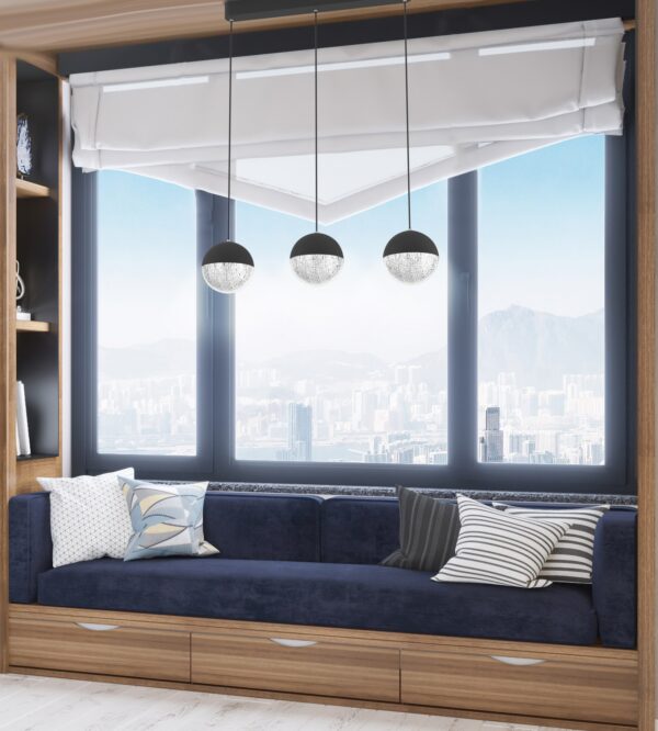 suspension LED sphères 3 lumieres devant une fenetre