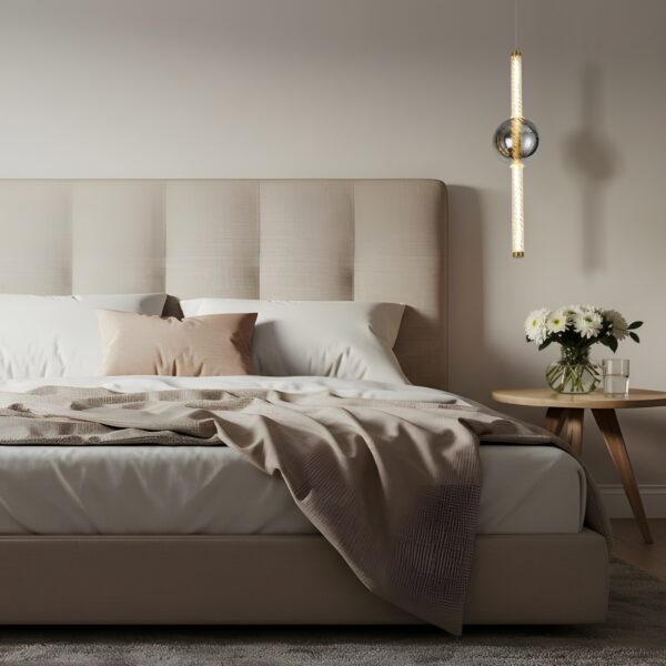 suspension LED verre ambré boule fumee au dessus d un lit dans une chambre