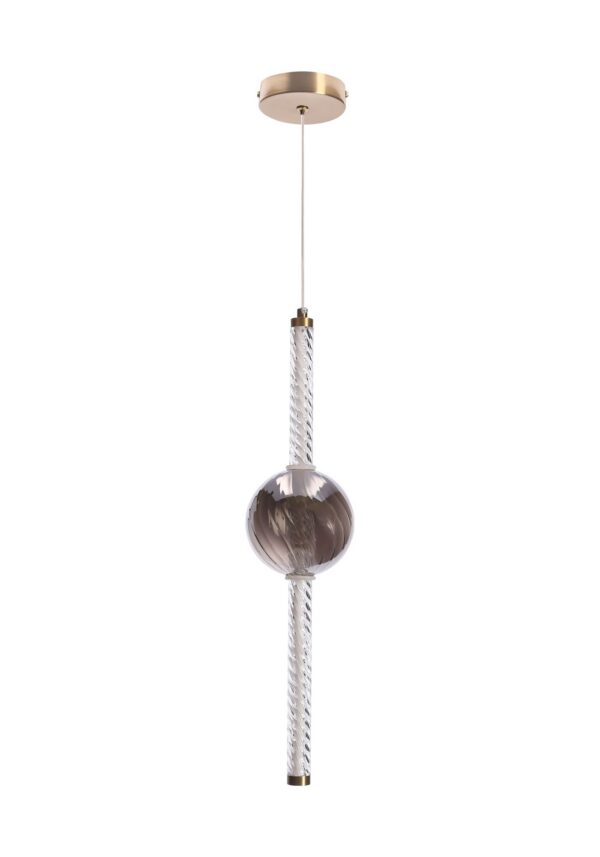 suspension LED verre ambré boule fumee sur tube torsade, fond blanc