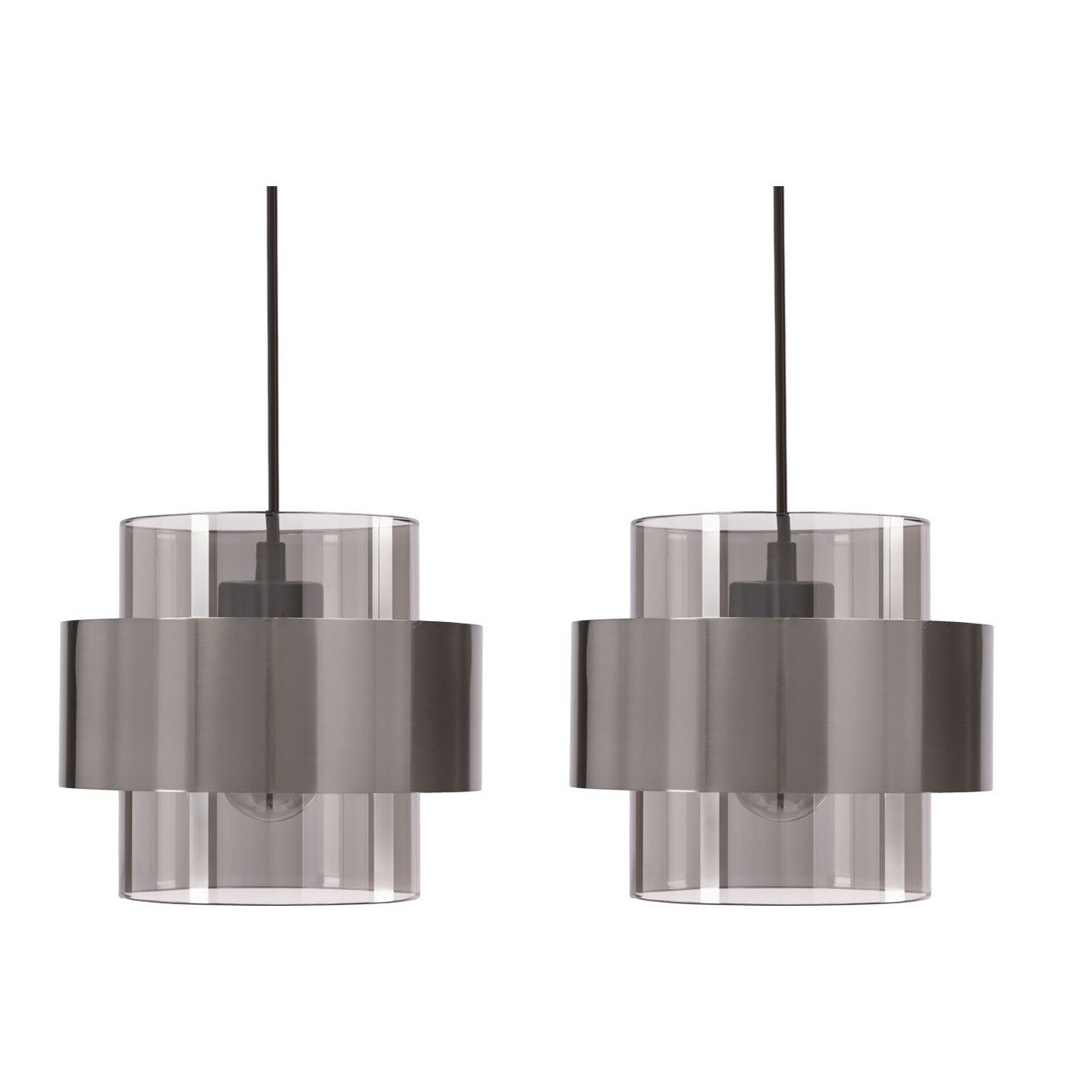 Suspension linéaire verre fumé 4 lumières, noire ou nickel suspension linéaire verre fumé detail de deux abat-jour nickel satine