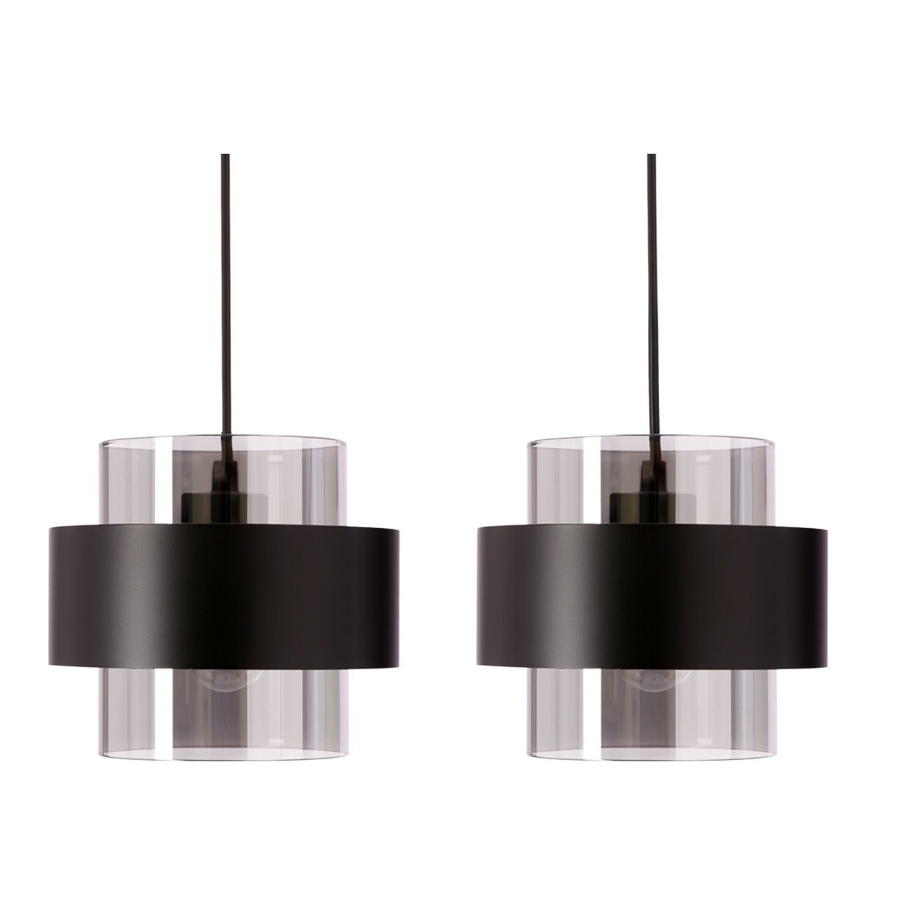 Suspension linéaire verre fumé 4 lumières, noire ou nickel suspension linéaire verre fumé detail de deux abat-jour noirs