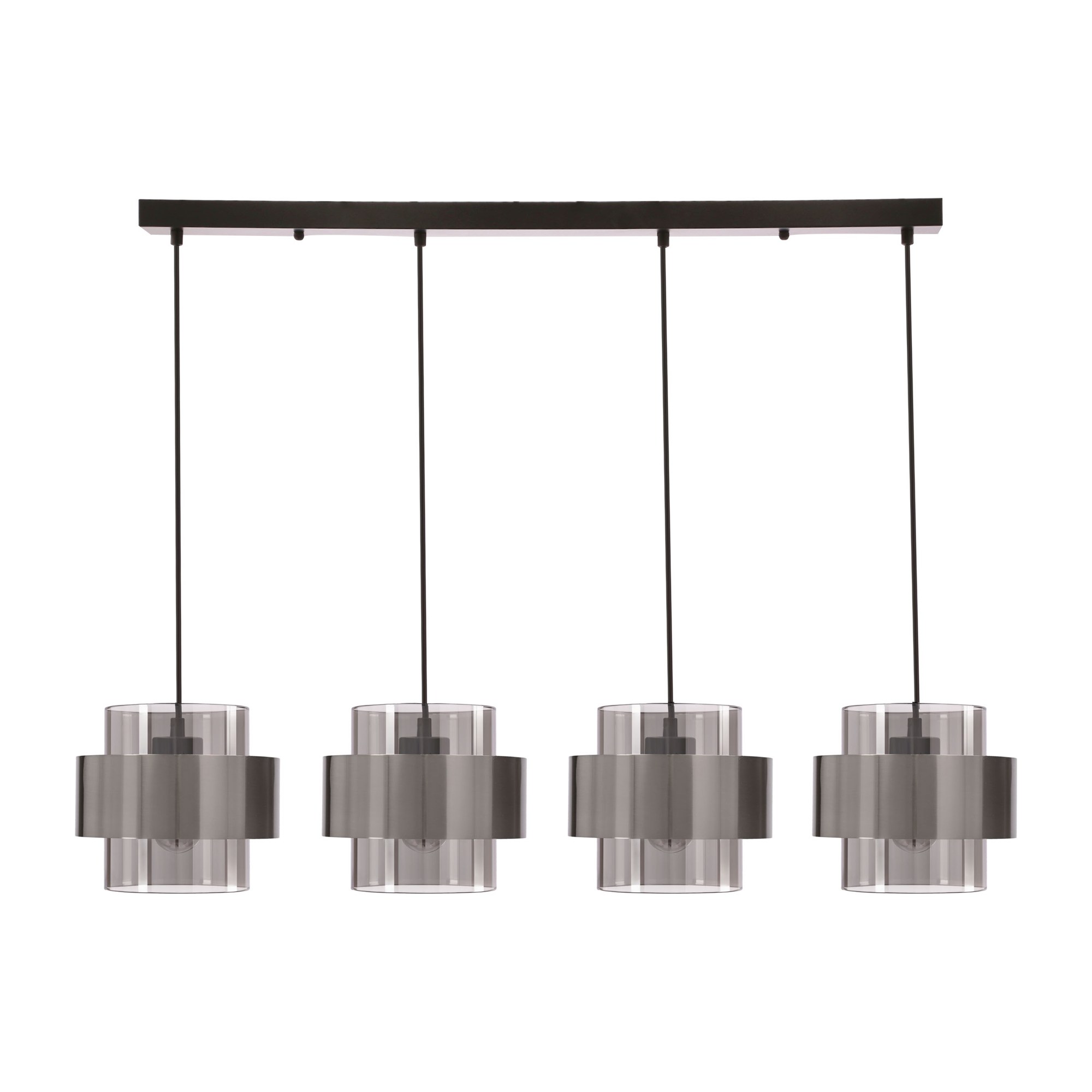 Suspension linéaire verre fumé 4 lumières, noire ou nickel suspension linéaire verre fumé noire et nickel satine sur fond blanc