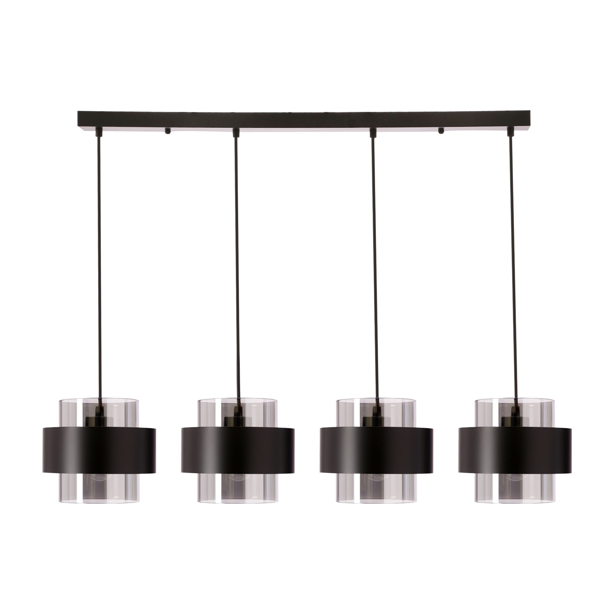 Suspension linéaire verre fumé 4 lumières, noire ou nickel suspension linéaire verre fumé noire sur fond blanc