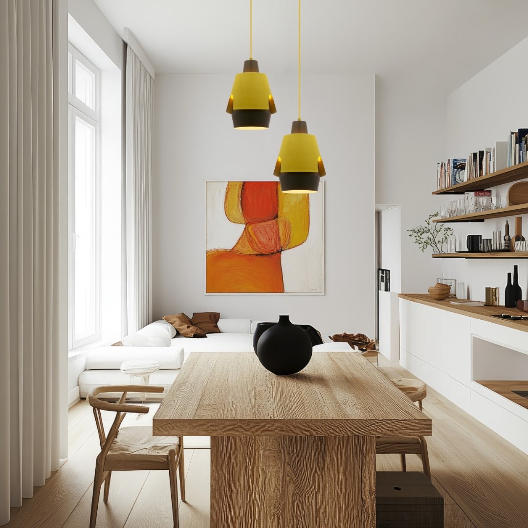Suspension métal jaune et noir, design graphique, E27, Ø 22 cm suspension métal jaune au dessus de la table en chene
