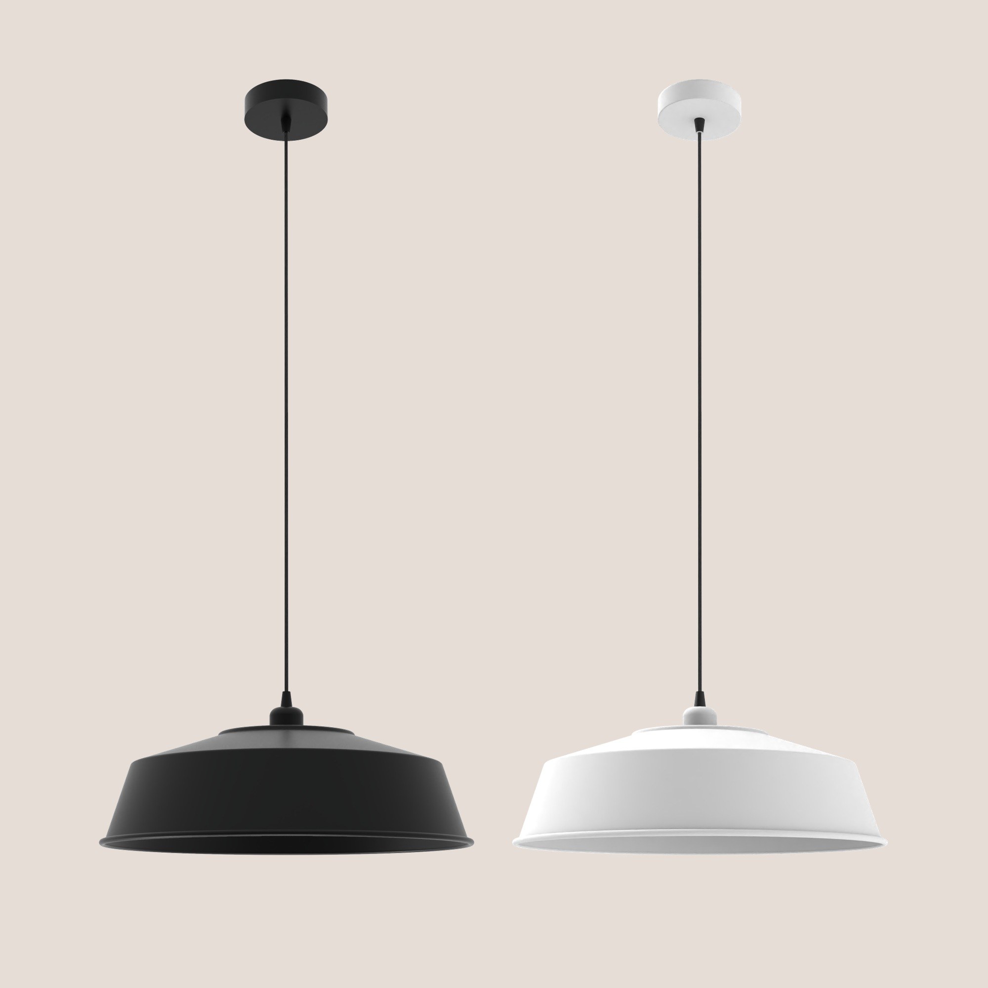 Suspension Mila en aluminium par Robin Lamps suspension Mila en noir mat et en blanc mat côte à côte sur fond beige