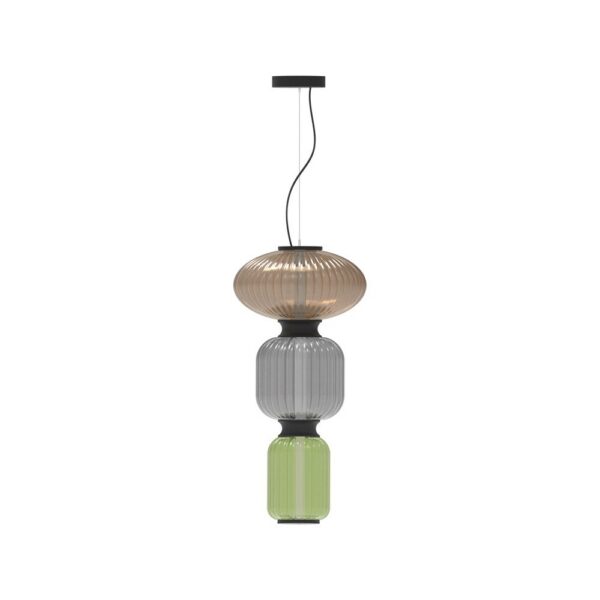 suspension Mix Berries Trio avec trois globes en verre ambre, gris fumé et vert, câble textile, vue de face