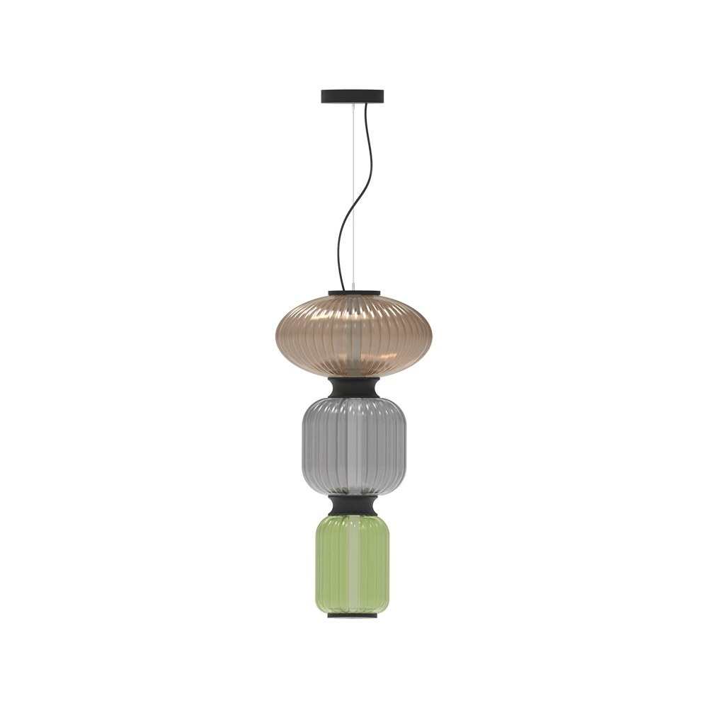 suspension Mix Berries Trio avec trois globes en verre ambre, gris fumé et vert, câble textile, vue de face