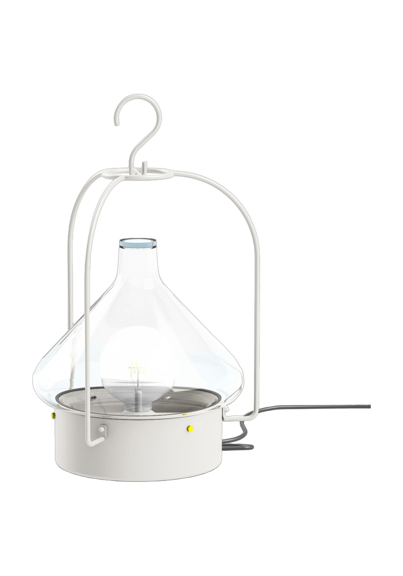 Suspension nomade La Hutte par Roger Pradier, verre soufflé suspension nomade La Hutte avec anse et socle en aluminium blanc pur, rendu sur fond blanc