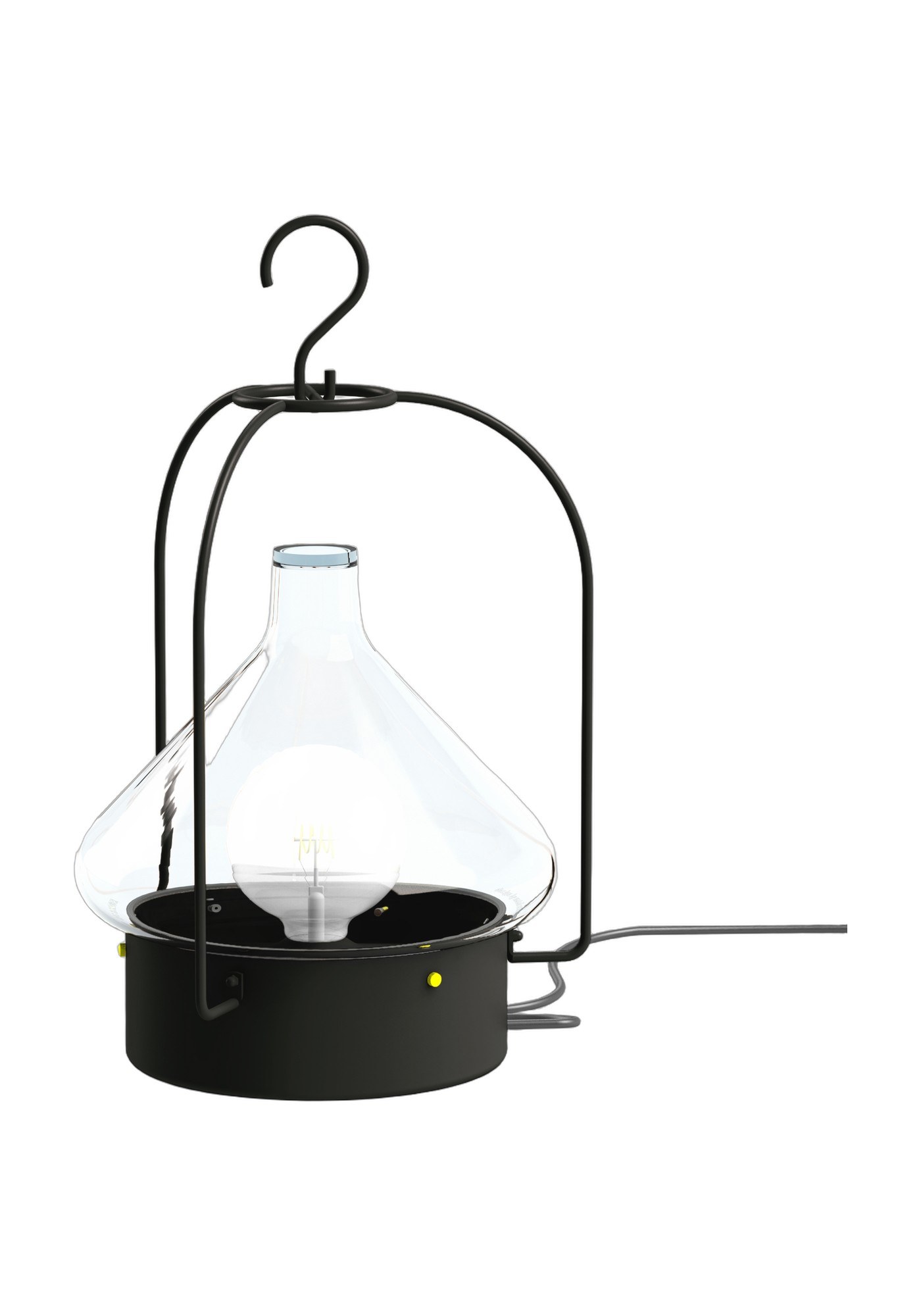 Suspension nomade La Hutte par Roger Pradier, verre soufflé suspension nomade La Hutte avec anse et socle en aluminium gris noir et verre clair soufflé, rendu sur fond blanc