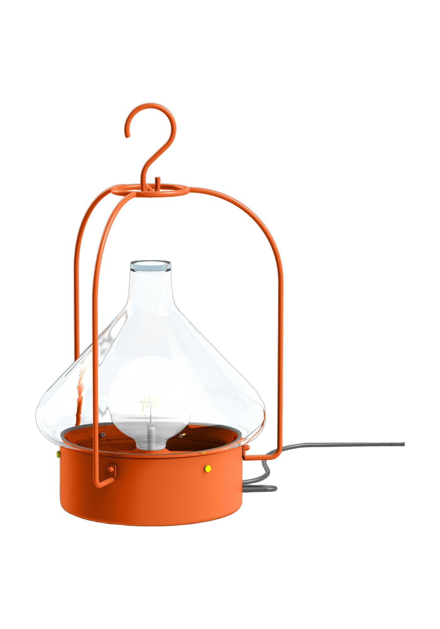 Suspension nomade La Hutte par Roger Pradier, verre soufflé suspension nomade La Hutte avec anse et socle en aluminium orangé pur, rendu sur fond blanc