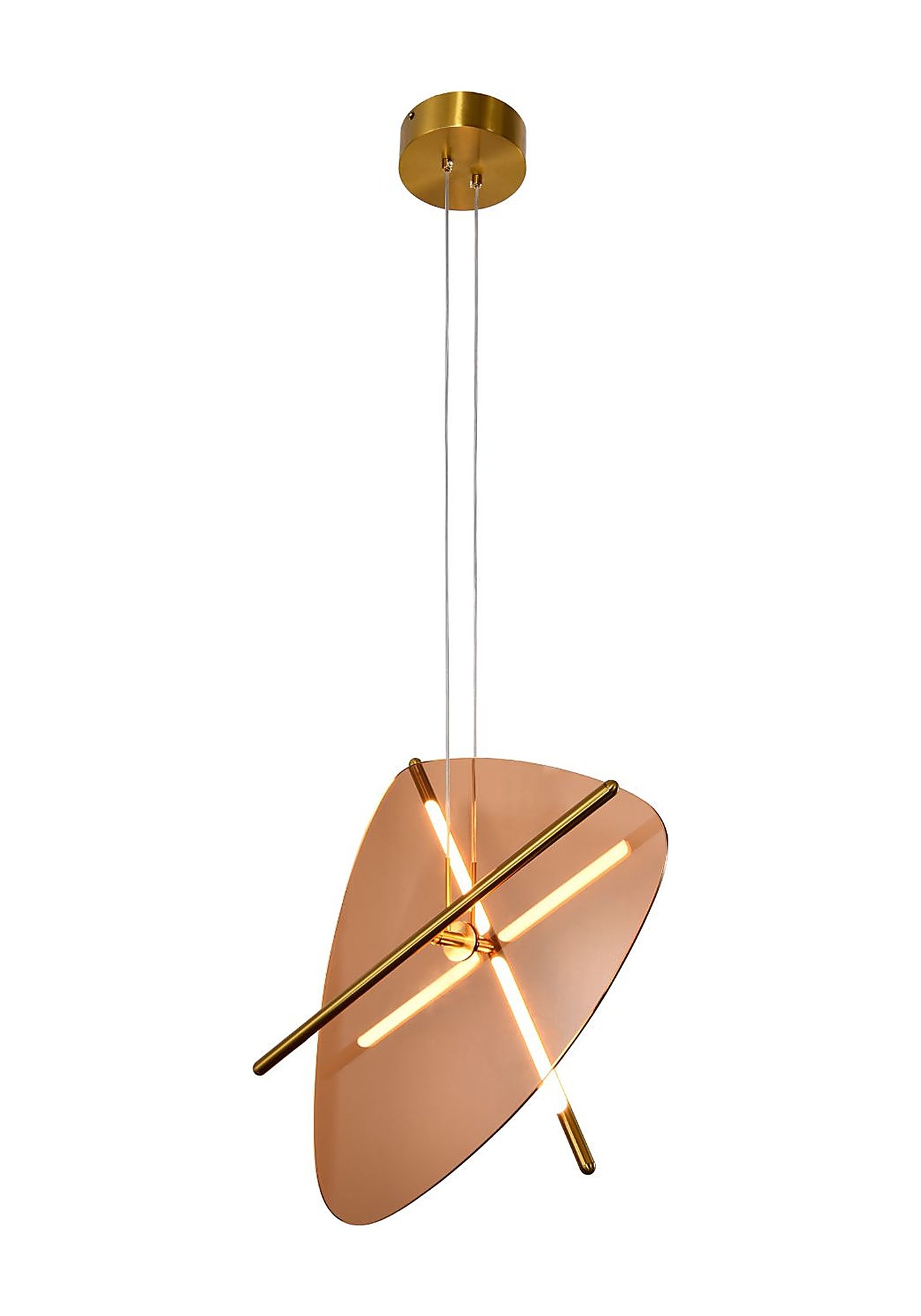 Suspension plaque de verre ambré et tiges laiton, LED 5 W suspension plaque de verre ambré sur fond blanc