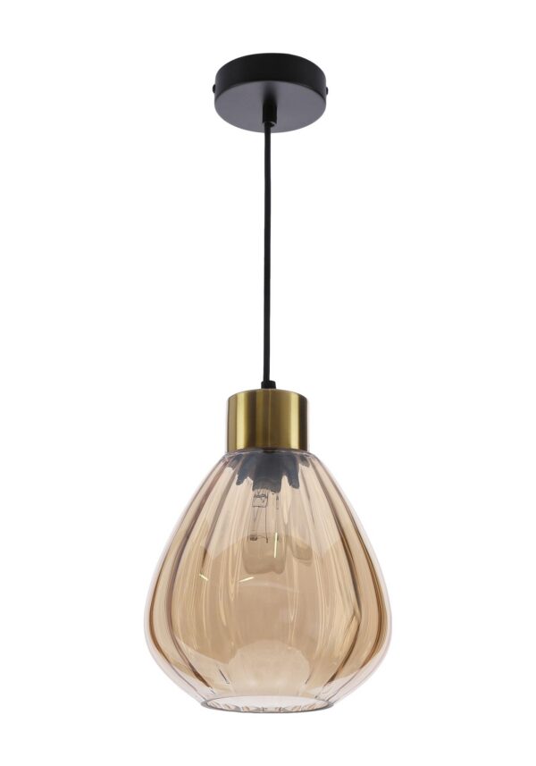 suspension poire verre côtelé ambre a collier laiton sur fond blanc