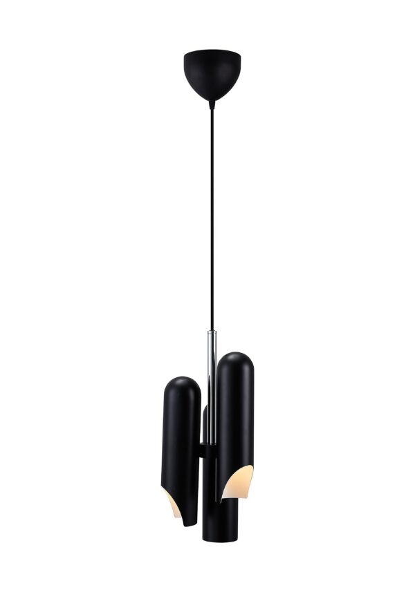 suspension Rochelle à trois spots en métal noir et chrome sur fond blanc