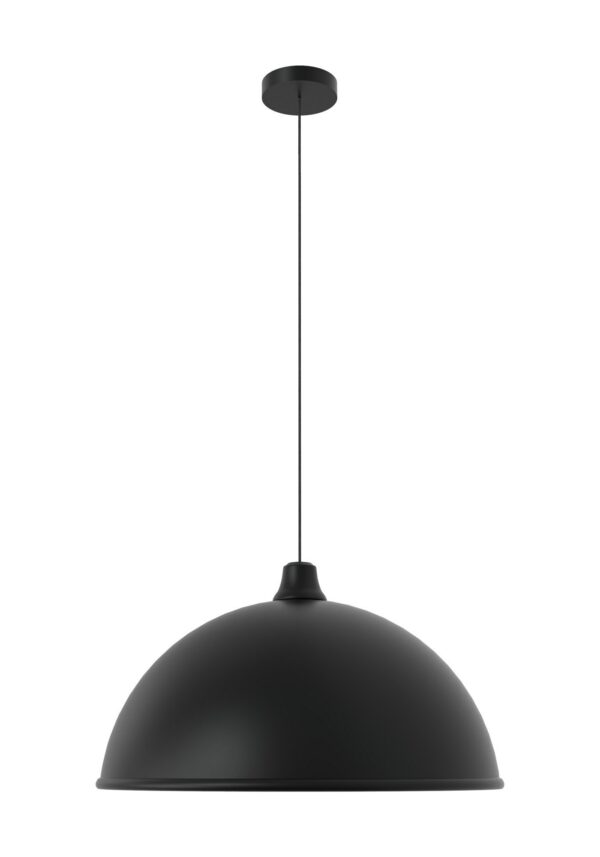 suspension Salma avec grande coupole en métal noir mat, câble textile et rosace, vue de face