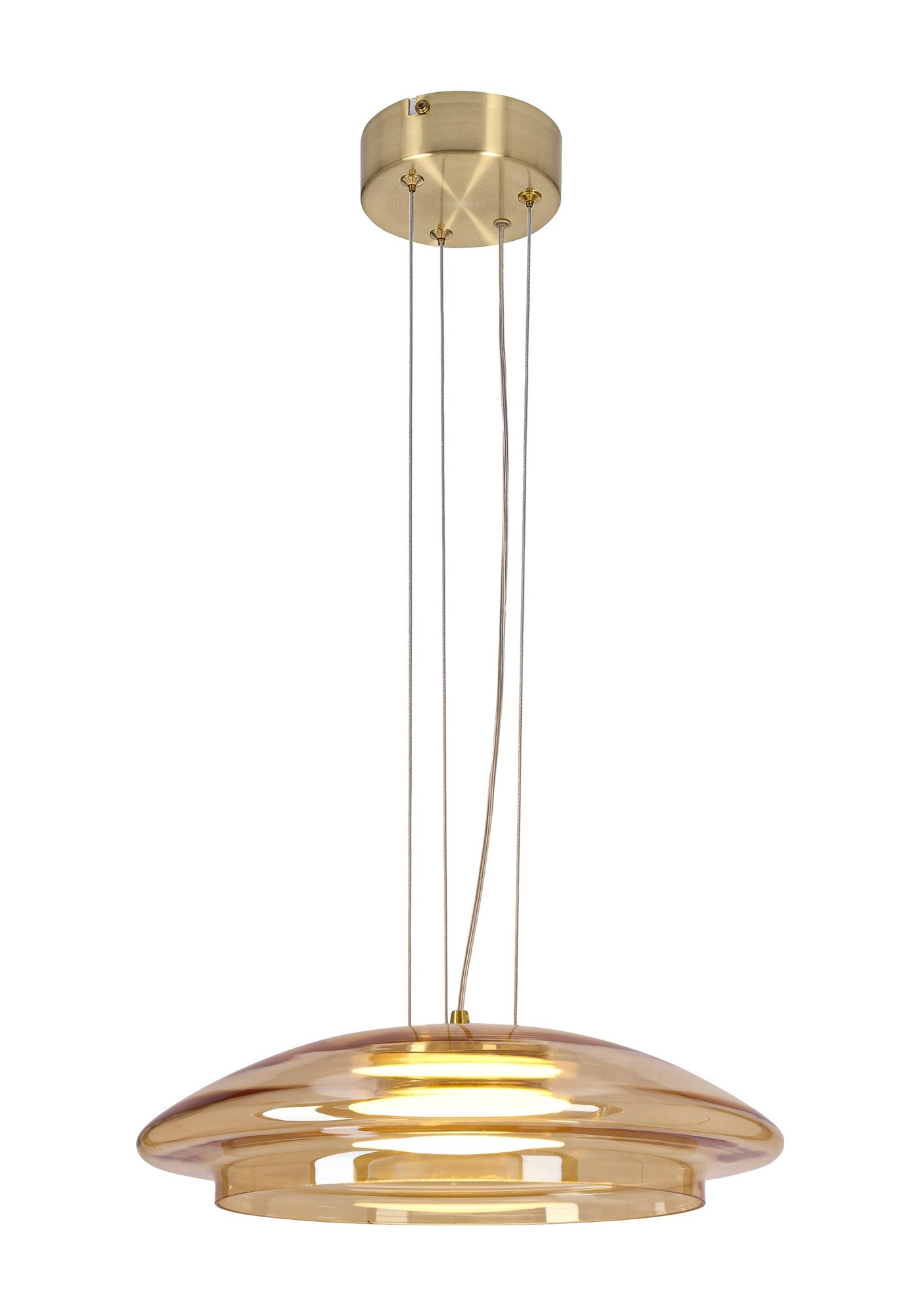 Suspension soucoupe en verre ambré ou fumé et or satiné, GX53 suspension soucoupe en verre ambre 34 cm sur fond blanc