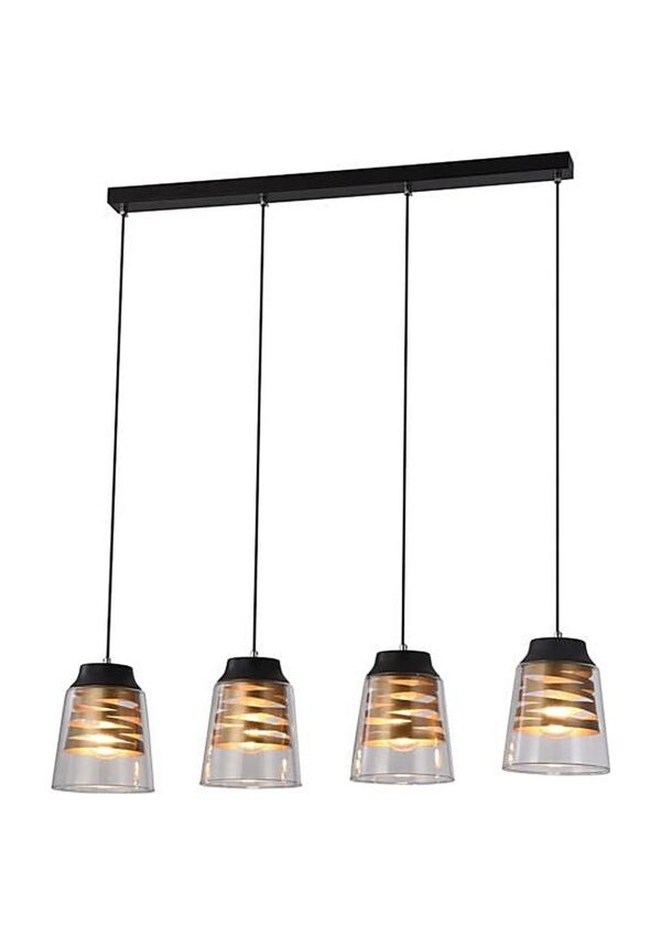 suspension spirale dorée 4 lumières sur barre, fond blanc