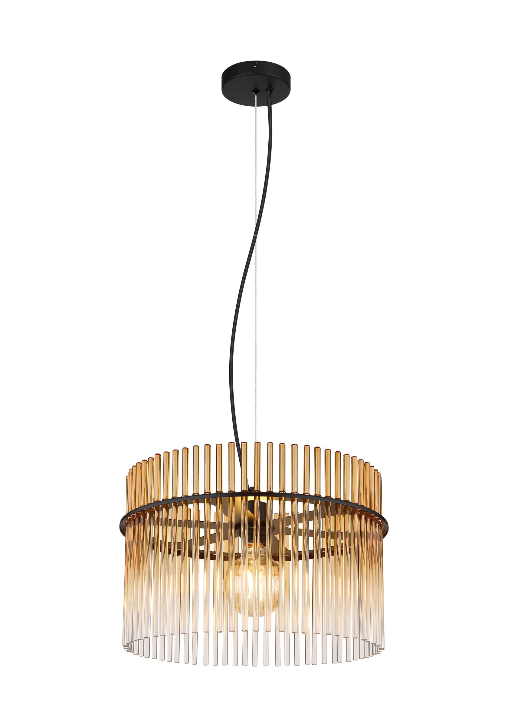 Suspension tambour barreaux de verre, rond ou ovale suspension tambour barreaux de verre 1 lumière ronde Ø 40 cm, verre ambré et métal noir mat, sur fond blanc