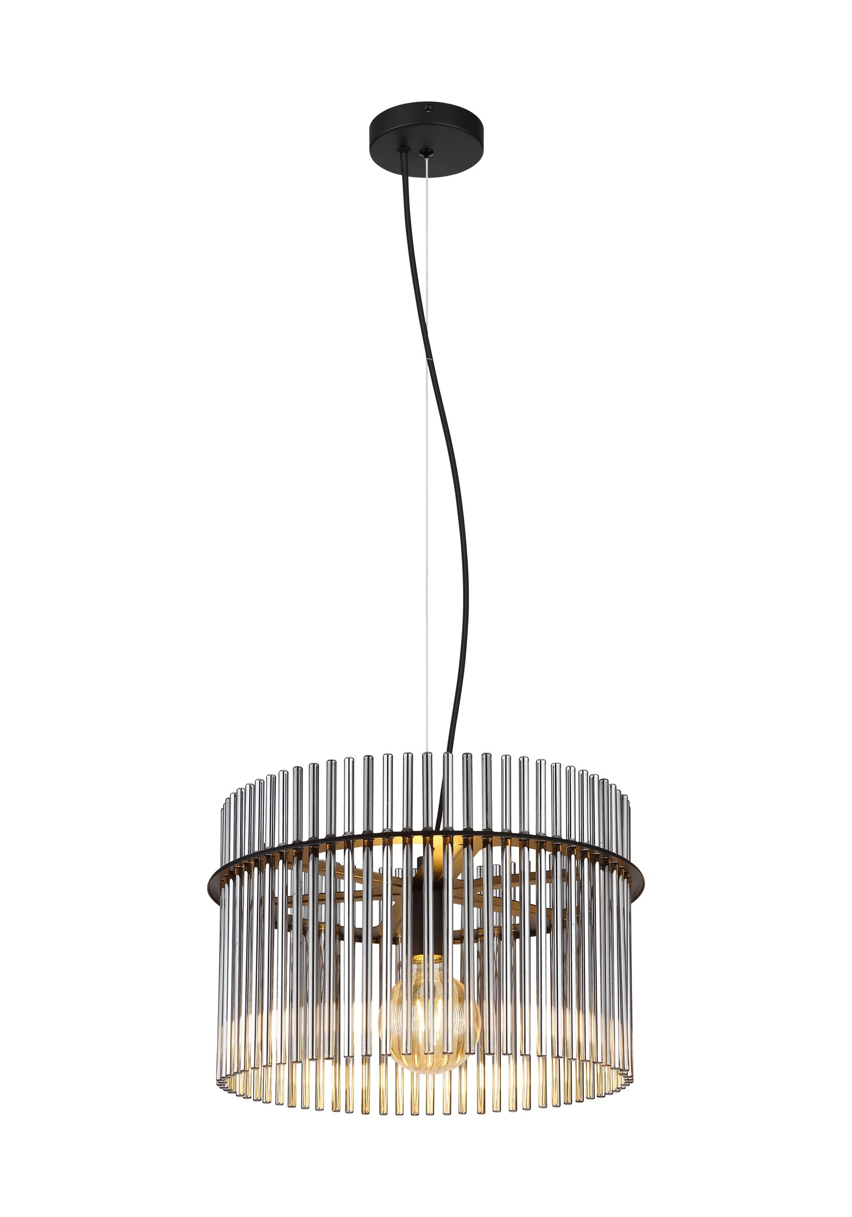 Suspension tambour barreaux de verre, rond ou ovale suspension tambour barreaux de verre 1 lumière ronde Ø 40 cm, verre fumé et métal noir mat, sur fond blanc