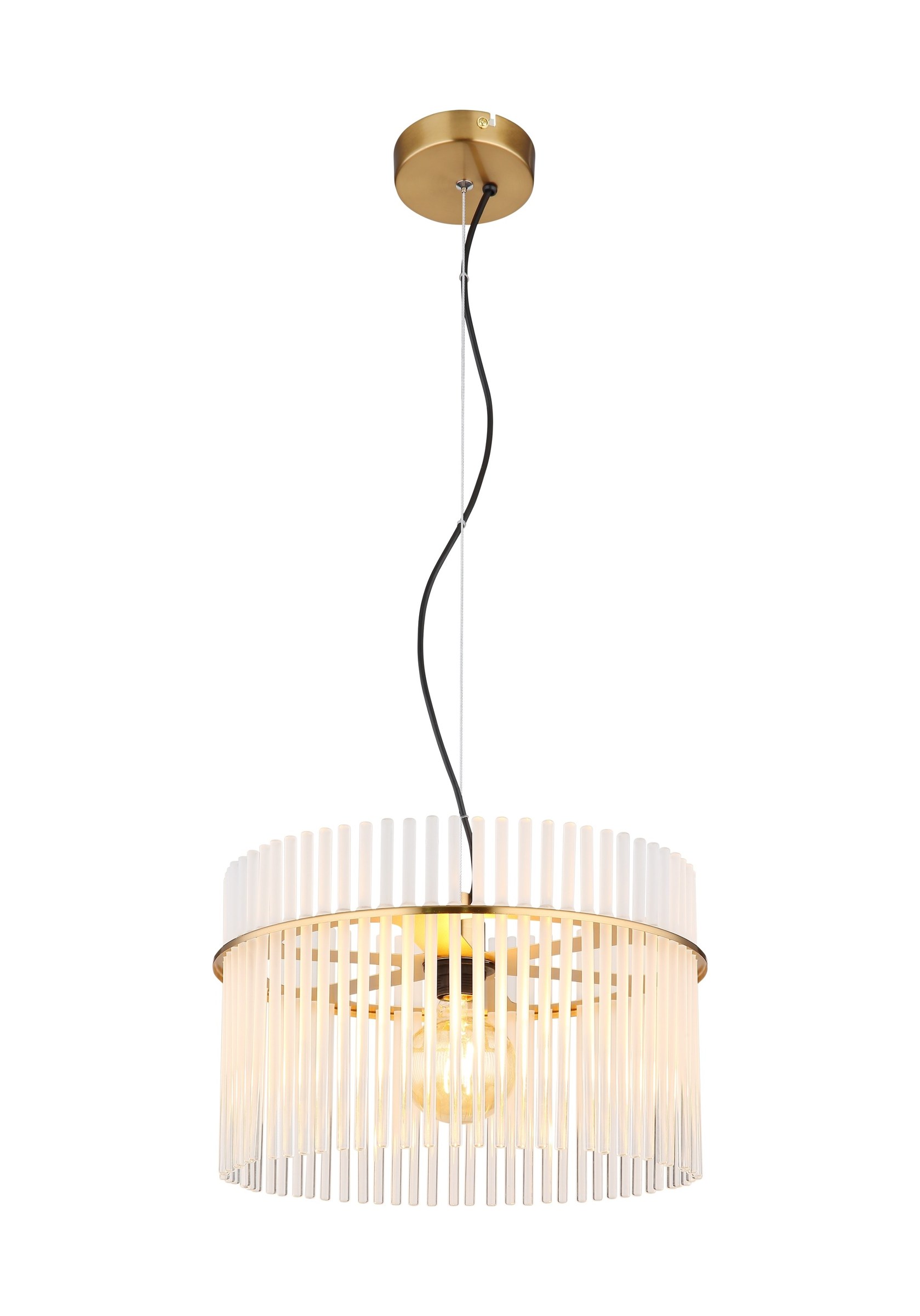 Suspension tambour barreaux de verre, rond ou ovale suspension tambour barreaux de verre 1 lumière ronde Ø 40 cm, verre opale et métal couleur or mat, sur fond blanc