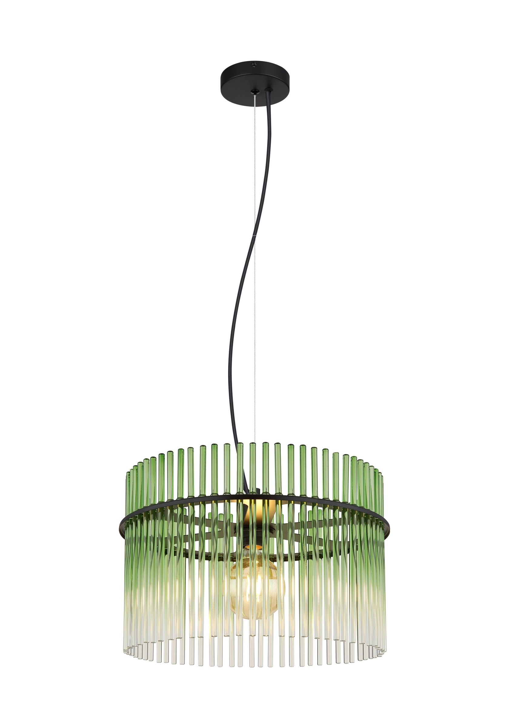 Suspension tambour barreaux de verre, rond ou ovale suspension tambour barreaux de verre 1 lumière ronde Ø 40 cm, verre vert mat et métal noir mat, sur fond blanc